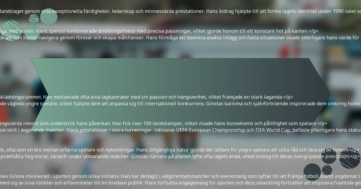 <p>David Ginola hade en betydande påverkan på det franska landslaget genom sina exceptionella färdigheter, ledarskap och minnesvärda prestationer. Hans bidrag hjälpte till att forma lagets identitet under 1990-talet och lämnade ett bestående arv i fransk fotboll.</p>

<h3>Spelstil och färdigheter</h3>
<p>Ginola var känd för sin flair, kreativitet och tekniska förmåga med bollen. Hans spelstil kombinerade dribblingsfiness med precisa passningar, vilket gjorde honom till ett konstant hot på kanten.</p>
<p>Han hade enastående smidighet och snabbhet, vilket gjorde att han kunde navigera genom försvar och skapa målchanser. Hans förmåga att leverera exakta inlägg och fasta situationer ökade ytterligare hans värde för laget.</p>
<ul>
    <li>Exceptionell dribbling och bollkontroll</li>
    <li>Exakta inlägg och utförande av fasta situationer</li>
    <li>Vision för att skapa målchanser</li>
    <li>Förmåga att prestera under press</li>
</ul>

<h3>Ledarskapskvaliteter på och utanför planen</h3>
<p>Ginolas ledarskap var tydligt både under matcher och i omklädningsrummet. Han motiverade ofta sina lagkamrater med sin passion och hängivenhet, vilket främjade en stark laganda.</p>
<p>Hans erfarenhet i pressade situationer gjorde att han kunde vägleda yngre spelare, vilket hjälpte dem att anpassa sig till internationell konkurrens. Ginolas karisma och självförtroende inspirerade dem omkring honom, vilket gjorde honom till en respekterad figur i truppen.</p>

<h3>Rekord som sattes under hans tid</h3>
<p>Under sin tid i landslaget uppnådde Ginola flera anmärkningsvärda rekord som underströk hans påverkan. Han fick över 100 landskamper, vilket visade hans konsekvens och pålitlighet som spelare.</p>
<p>Han bidrog också med ett betydande antal assist och mål, särskilt i avgörande matcher. Hans prestationer i stora turneringar, inklusive UEFA European Championship och FIFA World Cup, befäste ytterligare hans status som en nyckelspelare.</p>

<h3>Inflytande på lagdynamik och moral</h3>
<p>Ginola spelade en avgörande roll i att forma lagets dynamik, ofta som en bro mellan erfarna spelare och nykomlingar. Hans tillgängliga natur gjorde det lättare för yngre spelare att söka råd och lära sig av honom.</p>
<p>Hans positiva attityd och motståndskraft hjälpte till att upprätthålla hög moral, särskilt under utmanande matcher. Ginolas närvaro på planen lyfte ofta lagets anda, vilket bidrog till deras övergripande prestation.</p>

<h3>Bidrag efter pensionering till fransk fotboll</h3>
<p>Efter att ha avslutat sin professionella fotbollskarriär förblev Ginola involverad i sporten genom olika initiativ. Han har deltagit i välgörenhetsmatcher och evenemang som syftar till att främja fotboll bland ungdomar i Frankrike.</p>
<p>Ginola har också arbetat som fotbollsanalytiker och delat med sig av sina insikter och erfarenheter till en bredare publik. Hans fortsatta engagemang för sporten och dess utveckling fortsätter att inspirera framtida generationer av spelare.</p>

<h2>Hur jämför sig David Ginola med andra kända franska fotbollsspelare?